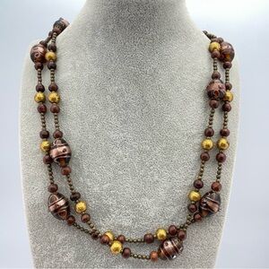 Stunning Vintage Murano Style Glass Bead Necklace Brown Gold Foil Millefiori 56”
